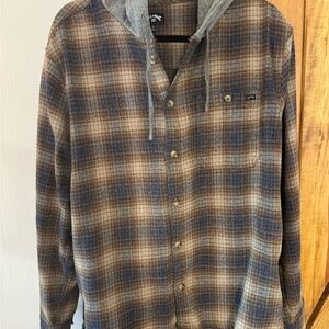 Billabong Gray and Brown Plaid Hooded Shirt - Large
